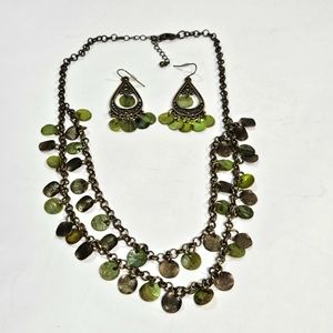 Set of Necklace and Earrings in Green and Antique Gold Color